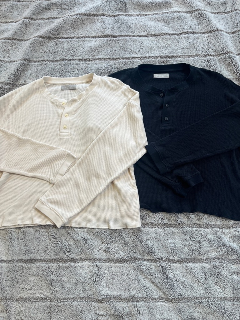 Everlane Cream and Black Waffle-Knit Henley Shirt Set